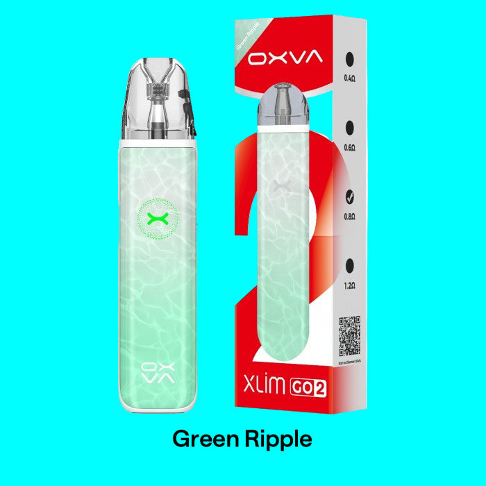 OXVA XLim Go2 vape device and packaging with green ripple design on a white background