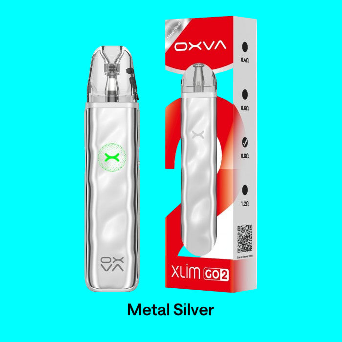 Metallic silver vape device with packaging on a white background
