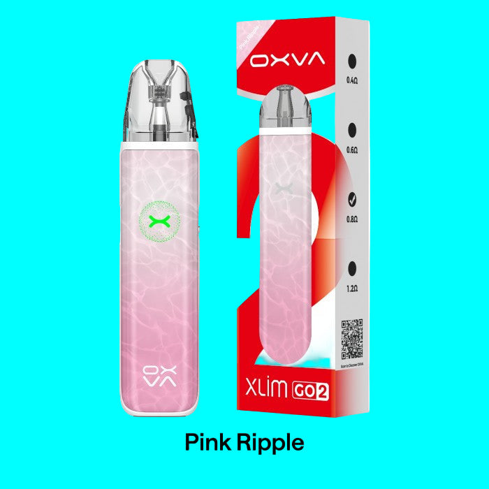 OXVA Xlim Go2 vape device and packaging in Pink Ripple design on a white background