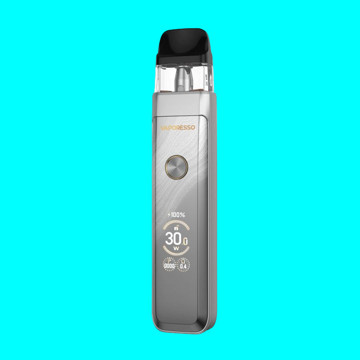 Silver vape device with digital display on a white background