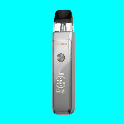 Silver vape device with digital display on a white background