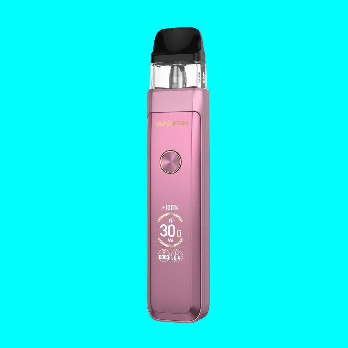 Pink vape device with black top on a white background