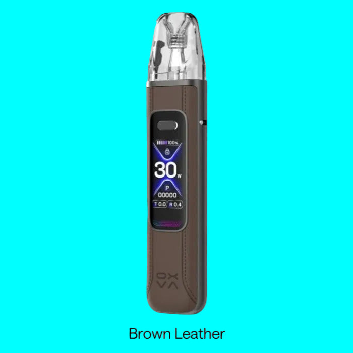 Vaping device with digital display on a white background, labeled 'Brown Leather'.