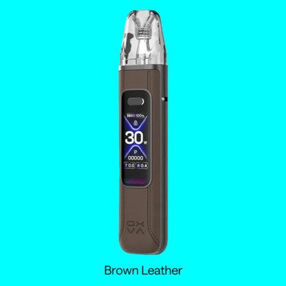 Vaping device with digital display on a white background, labeled 'Brown Leather'.