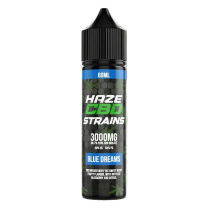 CBD vape juice bottle labeled 'Haze CBD Strains' on a black background