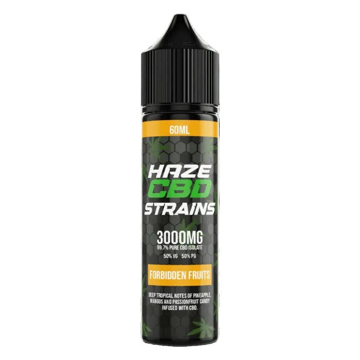 Bottle of Haze CBD Strains 3000MG Forbidden Fruits on a black background