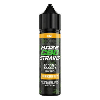 Bottle of Haze CBD Strains 3000MG Forbidden Fruits on a black background