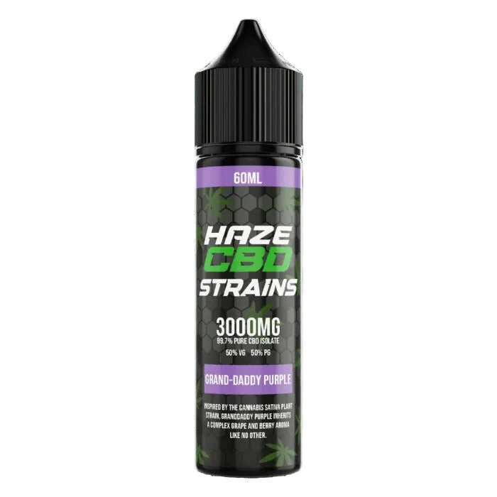 CBD vape juice bottle with 'Haze CBD Strains' branding on a black background