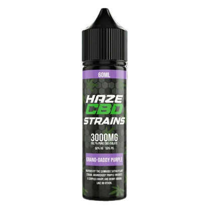 CBD vape juice bottle with 'Haze CBD Strains' branding on a black background