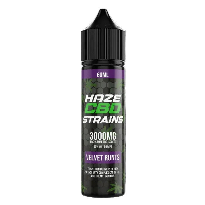 Haze CBD Strains bottle with black cap and green and white text on a black background