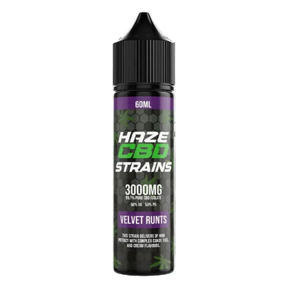 Haze CBD Strains bottle with black cap and green and white text on a black background