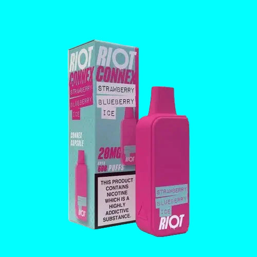 A collection of RIOT CONNEX prefilled capsule pods in various flavors, with a blue background and text indicating the product name and nicotine content.