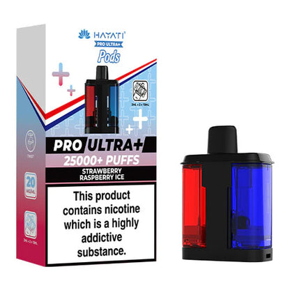 Hayati Pro Ultra+ vape pod packaging with a black and blue vape pod on a white background