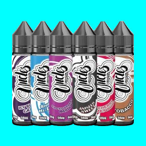 A series of bottles of Uncles Vapes 50ml e-liquid in various flavors, with colorful labels and a black cap.