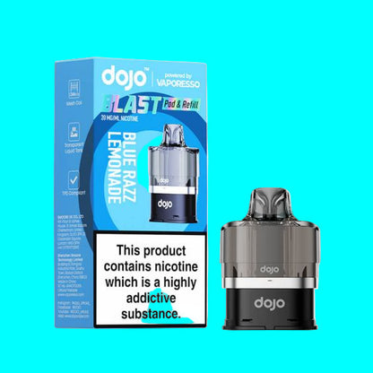 A product image showing the packaging and a prefilled pod from the DOJO BLAST 6000 vaping series. The box is blue and white with text and a picture of the device, which is a pod-style electronic cigarette, prominently displayed.