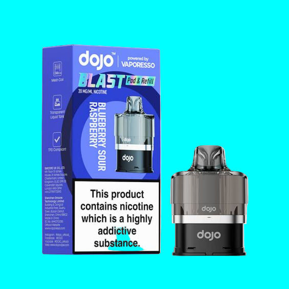 A product image showing the packaging and a prefilled pod from the DOJO BLAST 6000 vaping series. The box is blue and white with text and a picture of the device, which is a pod-style electronic cigarette, prominently displayed.