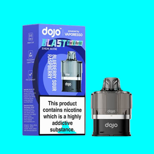A product image showing the packaging and a prefilled pod from the DOJO BLAST 6000 vaping series. The box is blue and white with text and a picture of the device, which is a pod-style electronic cigarette, prominently displayed.