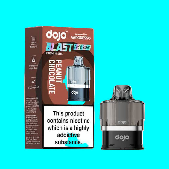 A product image showing the packaging and a prefilled pod from the DOJO BLAST 6000 vaping series. The box is blue and white with text and a picture of the device, which is a pod-style electronic cigarette, prominently displayed.