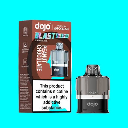 A product image showing the packaging and a prefilled pod from the DOJO BLAST 6000 vaping series. The box is blue and white with text and a picture of the device, which is a pod-style electronic cigarette, prominently displayed.