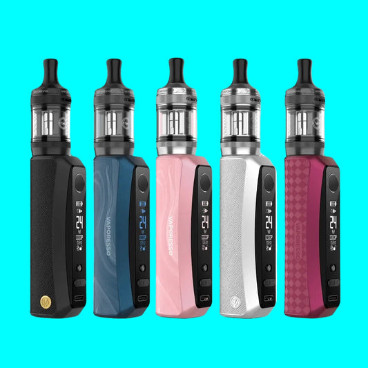 Five vaping devices in different colors on a white background