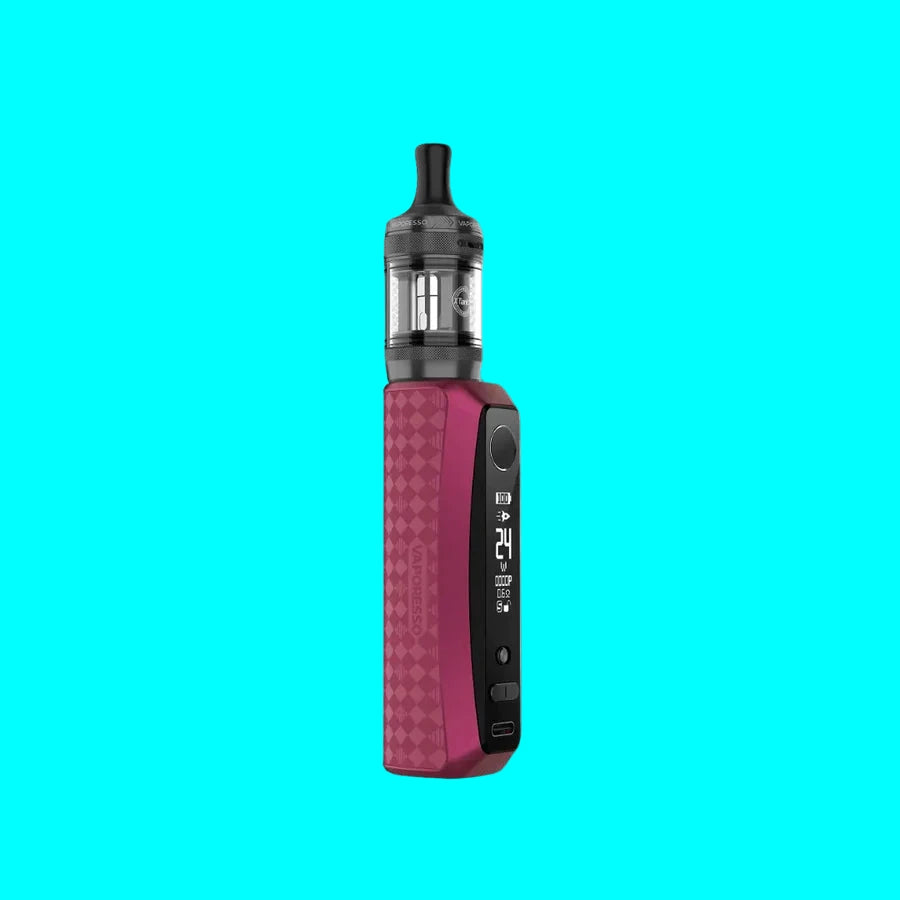 Pink and black vape device on a white background