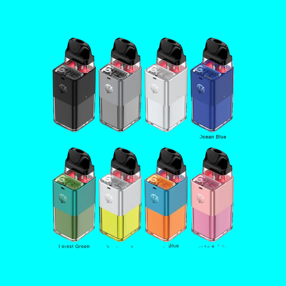 An assortment of Vaporesso XROS Cube pod devices in various colors, including Black, Grey, Silver, Ocean Blue, Forest Green, Cyber Lime, Donut Blue, and Sakura Pink.
