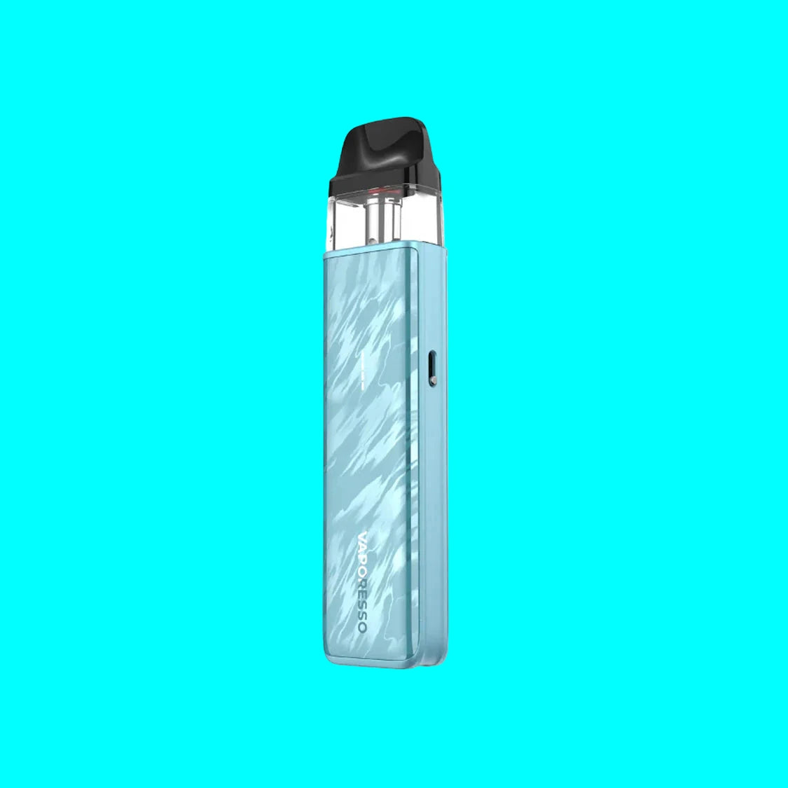 Blue vape device with a black top on a white background