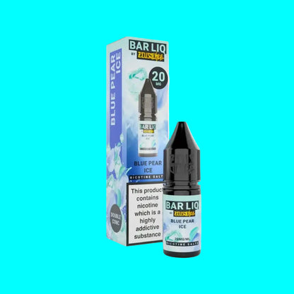 Bar Liq Blue Pear Ice nicotine salt packaging and bottle on a white background